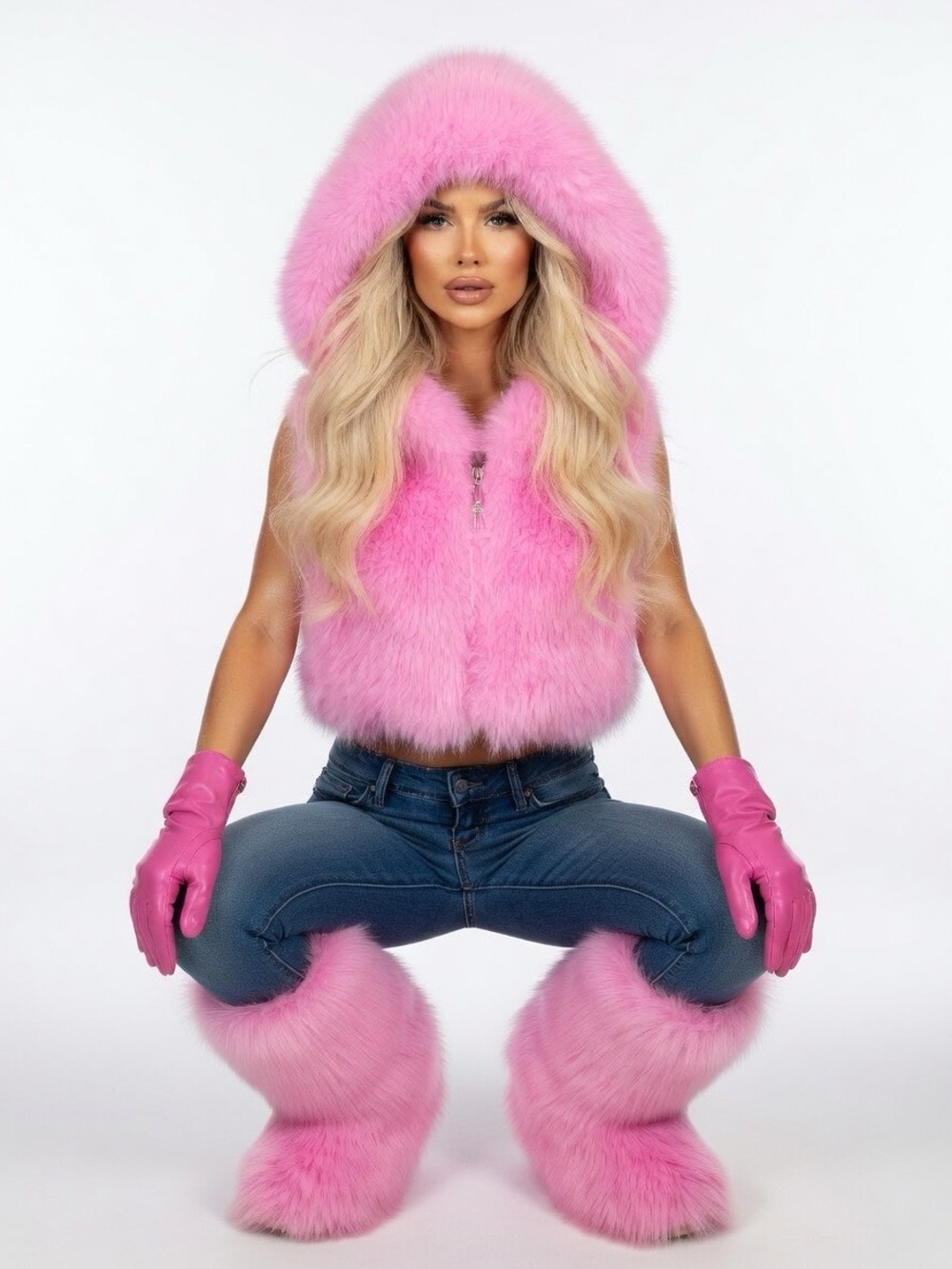 Bubblegum Pink Faux Fur Crop Hooded Vest - Picture 7 of 17